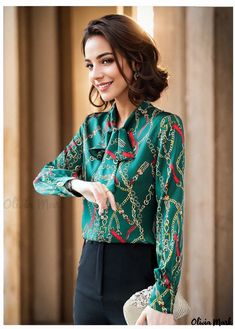 Olivia Mark - Printed Chiffon Long Sleeve Casual Shirt with Bow Tie Blouse Top Chiffon Shirt Blouse, Bow Tie Blouse, Stylish Mom, Chiffon Long Sleeve, Tie Blouse, Chiffon Shirt, Blouse Patterns, Print Chiffon, Long Blouse