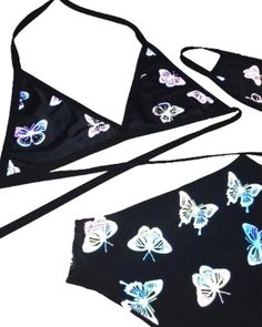 Reflective Rainbow Butterfly Triangle Top set and High Cut High waisted Bottoms. You choose your size top and bottoms! Top ties around neck and waist. Fabric is a 4 way stretch Polyester spandex blend.We do make this set to order, so please be aware of shipping times when ordering.Please read all shop policies before purchasing this item, we do not offer refunds We do ship this item internationally.Pattern of fabric may vary from item to item Summer T-back Crop Top For Sports, Sporty Crop Top, Outfit Rave, Festival Outfits Women, High Waisted Bottoms, Rainbow Butterfly, South Bend, Triangle Top, Festival Outfit