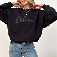 Introducing our custom puff sweatshirt, the perfect blend of comfort and style! This puff print sweatshirt features a unique puff print that gives it a trendy embossed look, making it an eye-catching addition to your wardrobe. Personalize it with your team name or any custom design to make a statement wherever you go.       SIZING    * UNISEX sizing  * Please check the size chart in the listing photos for measurements. Size down for a tighter fit Normal size for loose comfy fit Size up for overs Customizable Crew Neck Sweater For Fall, Custom Print Long Sleeve Sweatshirt For Streetwear, Trendy Custom Print Sweatshirt For Streetwear, Trendy Streetwear Sweatshirt With Custom Print, Custom Print Long Sleeve Sweater For Streetwear, Black Custom Print Tops For Winter, Black Custom Print Top For Winter, Winter Black Top With Custom Print, Custom Print Sweatshirt For Fall Streetwear