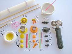 the tools needed to make this dollhouse food set are laid out on a table