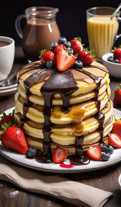 a stack of pancakes with chocolate syrup and strawberries