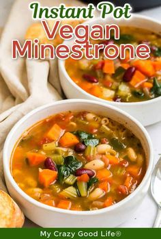 two white bowls filled with vegan minestone soup