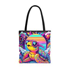 "Retro 80s and 90s inspired Freddy the turtle a practical, high-quality tote bag is available in three sizes. All-over print provides comfort with style at the beach or out in town. Made from reliable materials, lasting for seasons. .: Made with 100% polyester, a medium-weight fabric (6.49 oz/yd² (200 g/m that is highly durable and perfect for everyday use.  .: All tote bags come with a non-woven laminate inside .: Black cotton handles .: NB! Size tolerance 0.75\" (1.9 cm))" Retro Tote Beach Bag, 90s Inspired, All Over, Black Cotton, Etsy Accessories, Accessory Gift, Pet Supplies, Electronic Accessories, Tote Bag