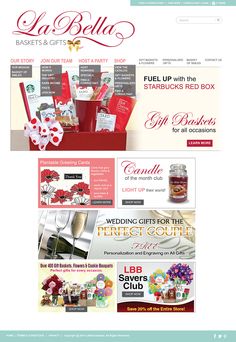 the website for la bella is displayed in red and white, with an assortment of items