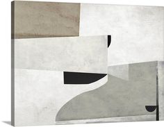 an abstract painting with black, grey and white shapes on the side of a wall