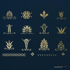 a set of nine golden designs on a dark blue background, each with different shapes and sizes