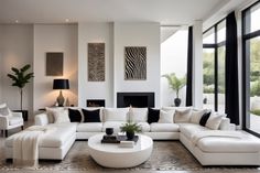 a living room filled with white furniture and large windows