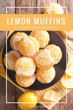 lemon muffins with greek yogurt and vanilla frosting on a plate