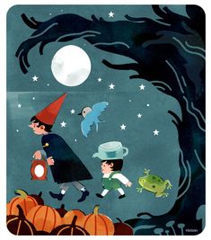 two children dressed as witches flying in the sky over a pumpkin patch with bats and stars