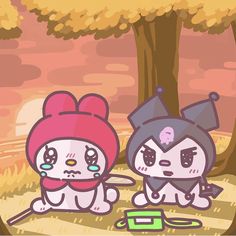 two cartoon characters are sitting in the woods