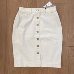 Brand New With Tags - White Denim Pencil Skirt By Banana Republic In 0 Petite Mid-rise Cotton Denim Skirt With Button Closure, Spring Cotton Skirt With Button Zip Fly, High Rise Cotton Denim Skirt With Button Closure, Spring Cotton Button-up Denim Skirt, Fitted Cotton Denim Skirt With Snap Buttons, Fitted Denim Skirt With Snap Buttons, White High Waist Skirt With Button Closure, High Waist White Skirt With Button Closure, Cotton Pencil Skirt With Button Closure