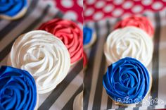 cupcakes with red, white and blue frosting on striped tableclothed cloth