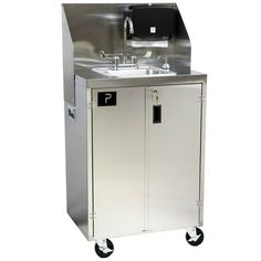 a stainless steel cabinet with a sink and faucet on wheels is shown against a white background