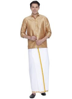 Vastramay Men's Gold Cotton Silk Blend Shirt and Dhoti Set  The Vastramay Men's Gold Cotton Silk Blend Shirt and Dhoti Set brings together elegance and comfort, perfect for traditional occasions and festivities.  Features of Vastramay Men's Gold Cotton Silk Blend Shirt and Dhoti Set  Rich gold color for a regal look.  Made from a luxurious blend of cotton and silk for a soft and comfortable feel.  Traditional design with modern sensibilities.  Shirt with a classic collar and button-down front. Boys Wear, Mens Gold, Top Fabric, Shirt Collar, Neck Shirt, Cotton Silk, Traditional Design, Outfit Sets, Gold Color