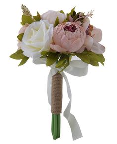 a bridal bouquet with pink and white flowers tied to the side by a ribbon