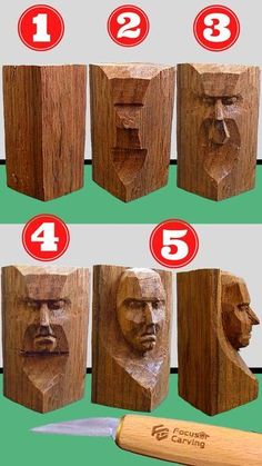 the steps to carving carved wooden faces are shown in red and white numbers on green background