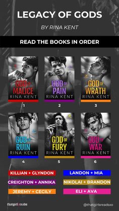 the book cover for legacy of gods by rina kent, featuring six different covers