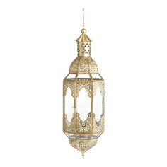 an ornate gold lantern hanging on a white wall with a mirror in the middle and one light at the top