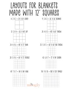 the printable worksheet for blankets made with 12 squares is shown in black and white