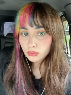 Bob Hair Color Ideas Fun, Rainbow Hair Strand, Hair Dye With Bangs Ideas, Colored Fringe Hair, Neapolitan Hair Dye, Underpart Hair Dye, Whimsical Hair Color