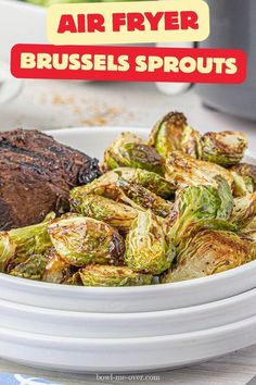 an air fryer brussel sprouts in a white bowl on a table