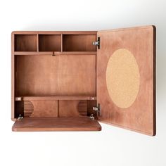 an open wooden box with two compartments on the front and one drawer in the back