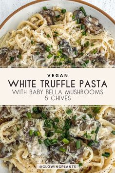 Enjoy this creamy vegan white truffle pasta with baby bella mushrooms, white truffle oil and chives. I'm so excited for you to try this recipe that takes 10 minutes to make! Click the link for the entire recipe! Vegan Truffle Pasta, White Truffle Sauce Recipe, White Truffle Recipes, White Truffle Pasta, Truffle Dinner Recipes, Truffle Recipe Mushroom, White Truffle Oil Recipes, Mushroom Truffle Pasta, Pasta With Truffle Oil