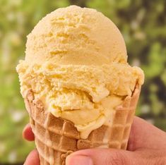 a hand is holding an ice cream cone in front of a green background with trees