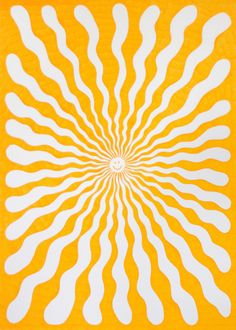 an orange and white abstract painting with wavy lines in the shape of a sunburst