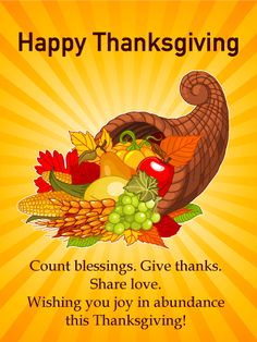 a thanksgiving card with an image of a turkey, cornucts and leaves on it