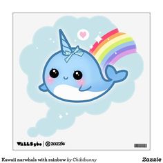 a cartoon narwhale with a rainbow on it's head and clouds in the background