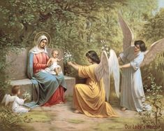 an image of the birth of jesus with angels and baby jesus on a park bench