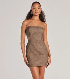 This faux leather mini dress features a strapless straight-across neckline paired with a lace-up strappy back design for a customized fit and a lower back cutout that highlights each side for an iconic allure. The bodycon silhouette will showcase your gorgeous curves.Fit & FeaturesCoated faux leather fabric, no stretchStrapless straight neckline, no-slip stripPartial open back, lace-up strappy design, lower back zipper with hook-eye closureLower back cutout, side cutoutsMini-length bodycon f Strapless Faux Leather Mini Dress For Date Night, Fitted Strapless Faux Leather Dress, Strapless Faux Leather Dress For Night Out, Strapless Brown Mini Dress For Date Night, Brown Strapless Mini Dress For Date Night, Faux Leather Mini Dress For Summer, Summer Faux Leather Mini Dress, Faux Leather Mini Bodycon Dress For Date Night, Faux Leather Mini Dress