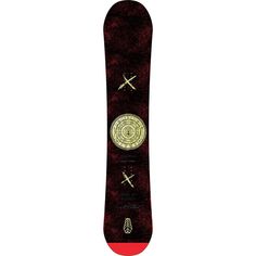 the snowboard is red with gold details on it's bottom and side panels