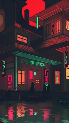 an illustration of a building with neon lights