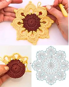 crocheted doily is being worked on by someone using scissors and yarns