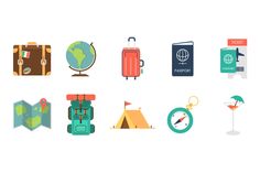 an image of travel icons set in flat design style on white background with clippings