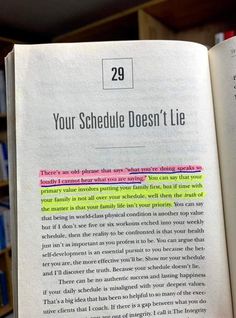 an open book with the title 29 your schedule doesn't lie written on it