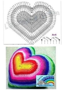 two crocheted hearts are shown next to each other, one has a rainbow heart on it