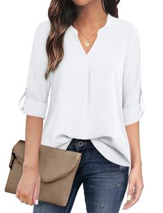 Buy Fantaslook Womens Blouses 3/4 Sleeve V Neck Work Shirts Dressy Tops Chiffon Office Wear at Walmart.com Long Sleeve Blouse Designs, Chiffon Tunic Top, Three Quarter Sleeve Blouses, Chiffon Tunic, Simple Blouse, Solid Color Shirt, Chiffon Shirt, Chiffon Blouse, Womens Clothing Sizes