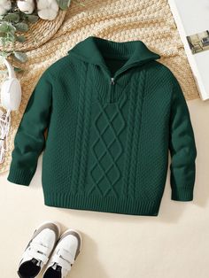 Young Boy Loose Fit College Style Long Sleeve Turndown Collar Pullover Sweater Dark Green Casual  Long Sleeve Knitwear Plain Pullovers Slight Stretch  Young Boys Clothing, size features are:Bust: ,Length: ,Sleeve Length: College Style, Boys Sweaters, Elegant Dresses Long, Turndown Collar, Kids Sleepwear, College Fashion, Boys Clothing, Women's Summer Fashion, Pajamas Women