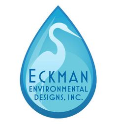 the eck man environmental designs, inc logo is blue and has a crane on it