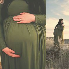 a pregnant woman in a green dress standing next to a tall grass field with her hands on her belly