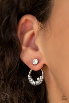 A solitaire white rhinestone attaches to a double-sided post, designed to fasten behind the ear. Encrusted in dainty white rhinestones, the circular double-sided post peeks out beneath the ear for a bold look. Earring attaches to a standard post fitting.

 Sold as one pair of double-sided post earrings. Double Earrings, Pink Friday, Paparazzi Accessories, White Rhinestone, Paparazzi Jewelry, White Earrings, Silver Hoops, Post Earrings, Jewelry Shop