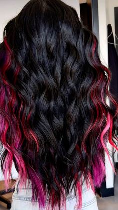 Black Hair With Colored Peekaboos, Dark Hair With Colored Highlights Fun, Hair Color Ideas For Brunettes No Bleach, Black And Pink Highlights, Red And Pink Hair Color, Black Hair With Colored Highlights, Brown Hair With Colored Highlights Fun, Hair Color Ideas Trending, Pink And Purple Hair