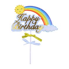 a happy birthday cake topper with a rainbow and clouds in the sky on a stick