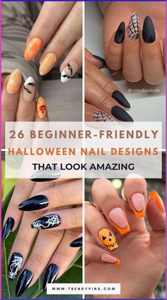 Embrace the spooky season with 26 beginner-friendly Halloween nail designs that look absolutely amazing. From cute ghosts to simple spider webs, these designs are perfect for adding a festive touch without the hassle. Whether you're new to nail art or just looking for something easy yet stylish, these ideas will help you achieve a stunning Halloween manicure. Ready to impress with your DIY skills? Discover these easy and eye-catching designs now! Halloween Nails Simple Almond, Simple Halloween Nails Almond, Classy Halloween Nails Simple, Halloween Nail Designs Simple, October Nail Art, Simple Halloween Nail Designs, Galaxy Nail Designs, Nail Designs For Halloween, Acrylic Nails Glossy