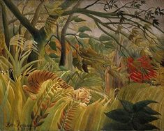 a painting of two tigers in the jungle