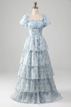 A Line Square Neck Light Blue Tiered Prom Dress with Ruffles