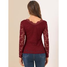 Made of lightweight semi-sheer fabric in a fitting silhouette, this elegant lace blouse is designed with a lace trim and full sleeves, which is an effortless option for weddings, night outings, or parties. A flattering deep V-neckline and long feminine sleeves, show your enchantment better. A scalloped lace trim and lace panel add a romantic feeling to this stretchy blouse, especially for teens, girls, or ladies. Slim fit design, makes you look more elegant. Perfect match mini skirts for a chic Lace Blouse Long Sleeve, Scalloped Lace, Lace Panelled, Sheer Fabric, Full Sleeves, Chic Woman, Lace Overlay, Sheer Fabrics, Lace Blouse